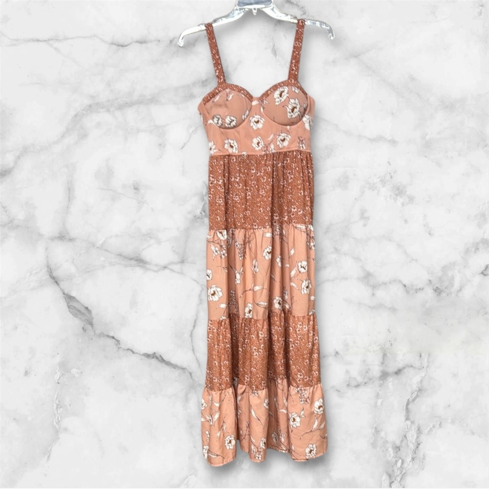 B.O.G Collective coral terracotta orange tiered Maxi Dress smocked size small fl